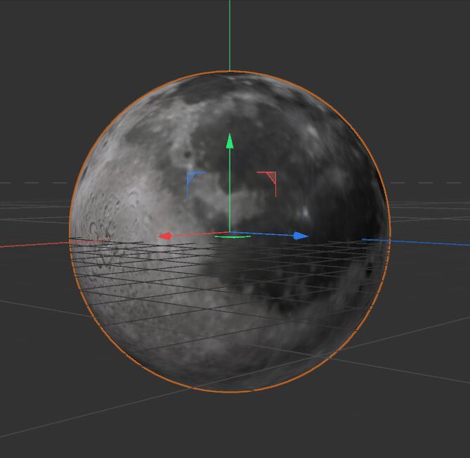 The prepared 3D model. Within TD, the Sphere SOP generates the primary lunar sphere geometry for UV coordinates used in potential texture mapping. The model's texture provides actual photographic detail of the lunar surface, applied to the base colour/diffuse channel of the lunar sphere. This makes our subject appear like a genuine moon, rather than merely a blank sphere.